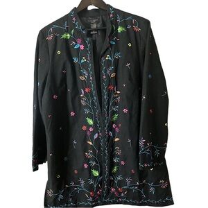 Silk Land Black Multicolour Floral Embroidered Blazer Sz 2X Boho Silk Hippie